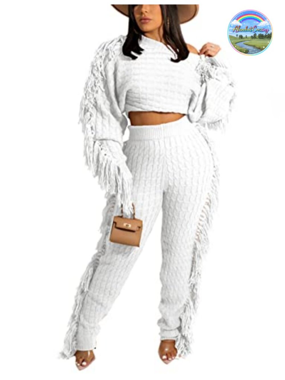 KANSOON 2 Piece Cable Knit Sweater Set Fringe Crop Top and Pants